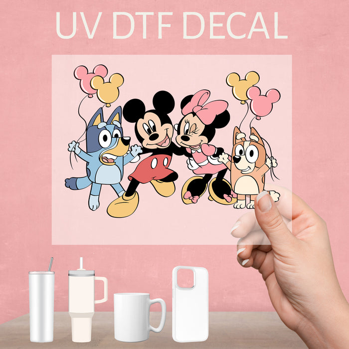 Bluey Mickey Minnie holding disney balloons UV DTF Decal