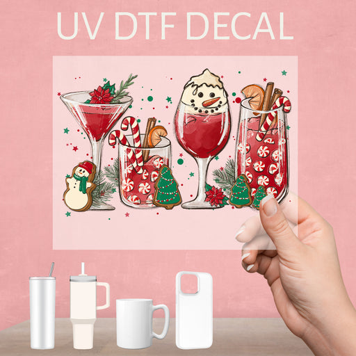 Festive UV DTF decal featuring holiday drinks, perfect for adding cheer to your Christmas celebrations.