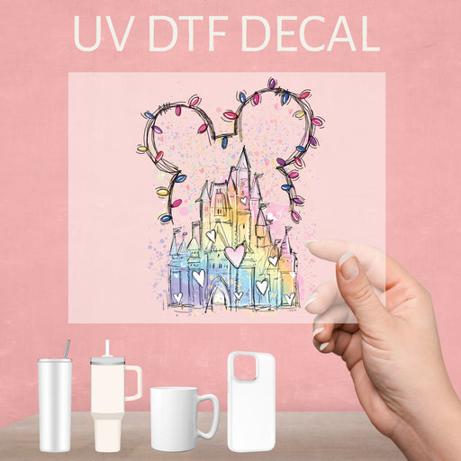 Festive UV DTF decal of Mickey's castle with Christmas lights, perfect for holiday decor.