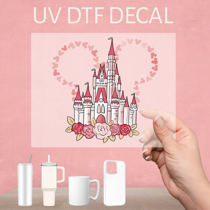 Romantic UV DTF decal featuring Cinderella's castle, perfect for Valentine's themed decor.