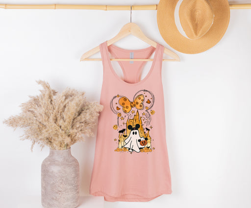 Charming tank tops with Mickey ghost by the Disney castle, perfect for Halloween magic.