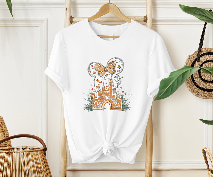 Celebrate the season with our Disney Christmas shirt showcasing a whimsical gingerbread castle.