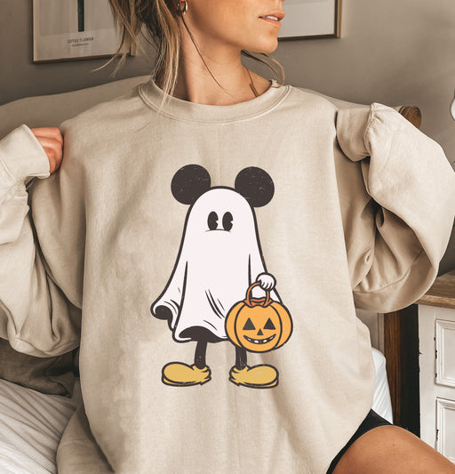 Cozy sweatshirt featuring Mickey as a friendly ghost, perfect for adding Halloween spirit.