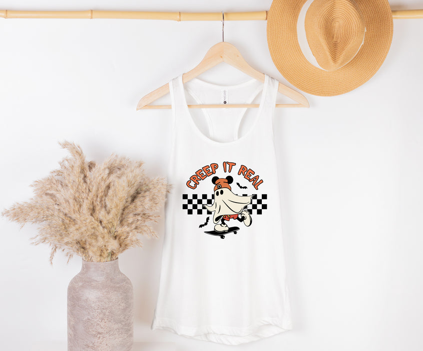 Get ready for a spooktacular Halloween with our 'Creep It Real' Mickey tank top, perfect for fun.