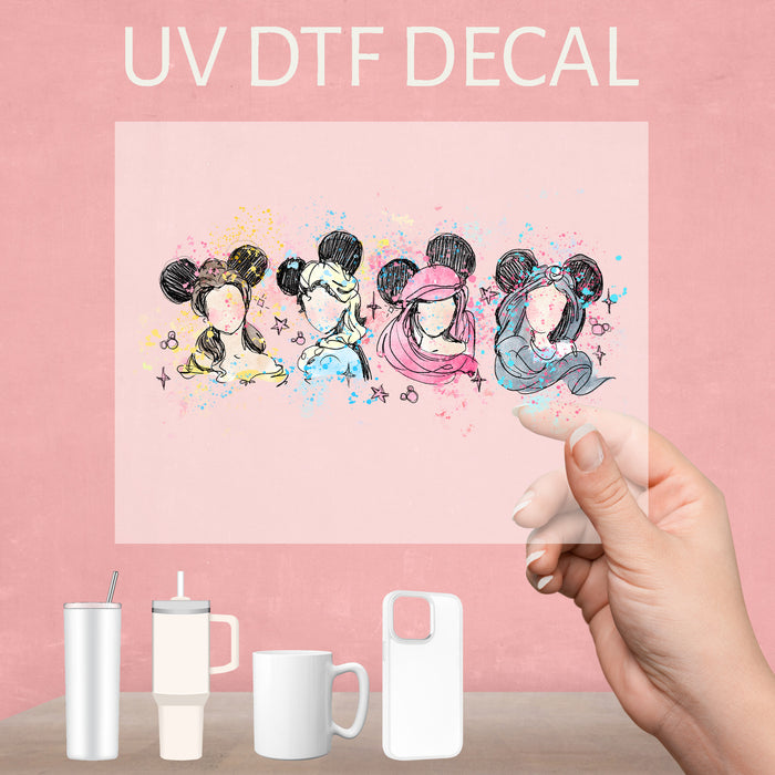 Enchanting UV DTF decal showcasing beloved Disney princesses, perfect for adding a royal touch.