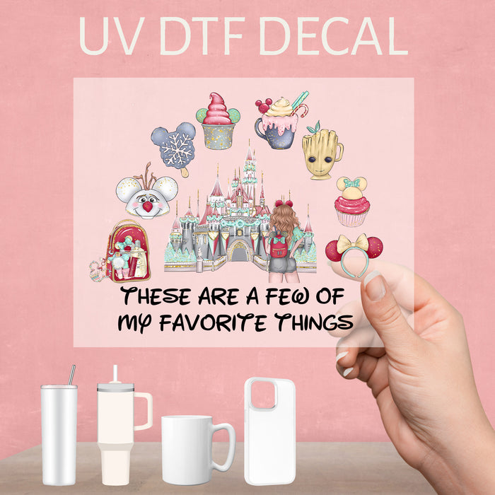 Delightful UV DTF decal featuring Disney snacks and the castle, perfect for Disney fans.