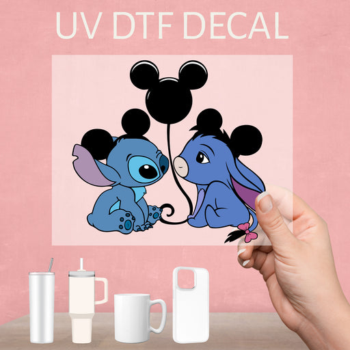 Disney Stitch Eeyore Mickey Balloon UV DTF decal, a whimsical design celebrating beloved characters.