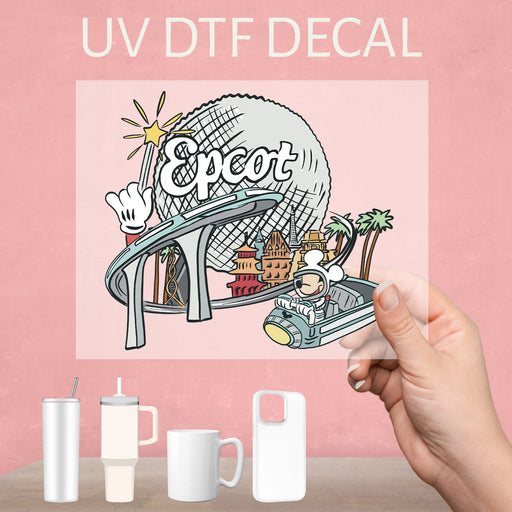 Vibrant UV DTF decal inspired by Epcot Park, ideal for bringing a touch of Disney magic.