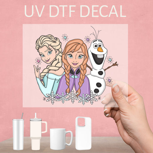 Charming UV DTF decal featuring Elsa, Anna, and Olaf, perfect for Frozen fans of all ages.