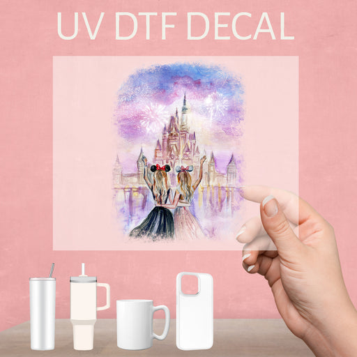 Enchanting UV DTF decal showcasing Disney princesses, perfect for capturing magical trip memories.