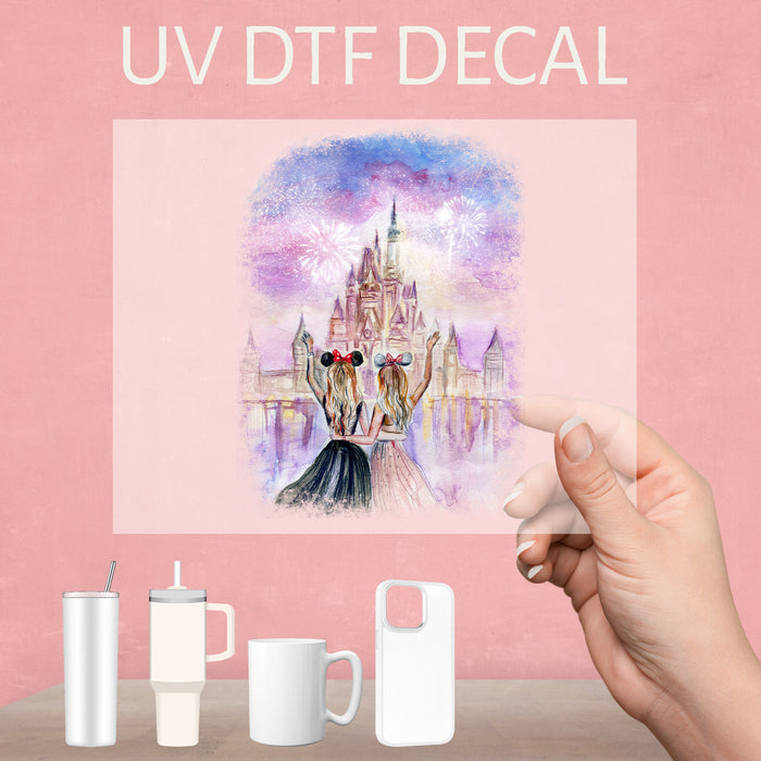 Enchanting UV DTF decal showcasing Disney princesses, perfect for capturing magical trip memories.