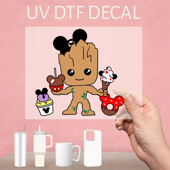 Groot snacks UV DTF decal featuring the beloved character enjoying snacks, adding a fun vibe.