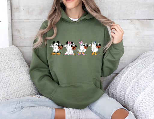 Celebrate Halloween in style with our hoodie featuring Mickey, Minnie, Daisy, and Donald Duck.