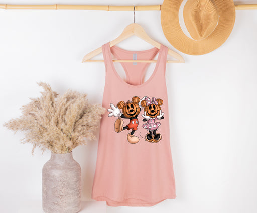 Festive tank tops with Mickey and Minnie in pumpkin designs, perfect for Halloween celebrations.