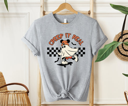 Fun Halloween shirt featuring Mickey as a ghost with 'Creep It Real' text.