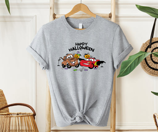 Fun Halloween shirt featuring Lightning McQueen and Mater in spooky designs.