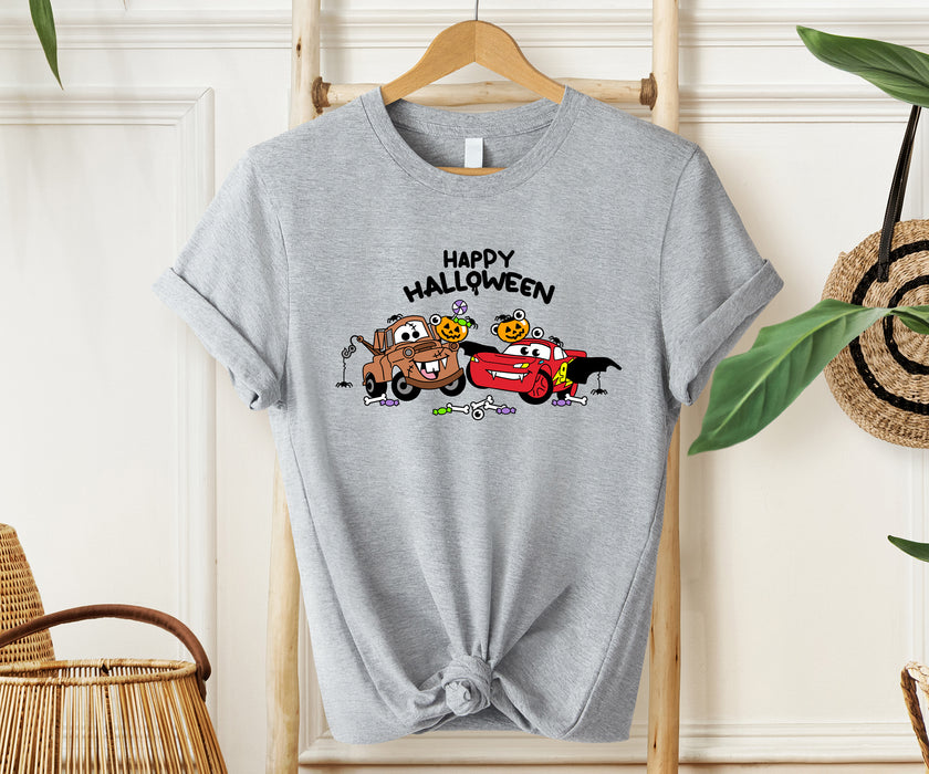 Fun Halloween shirt featuring Lightning McQueen and Mater in spooky designs.