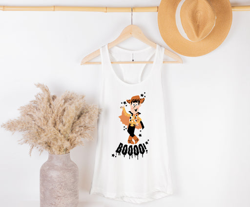 Festive tank tops featuring Woody in a Halloween design, ideal for Toy Story enthusiasts.