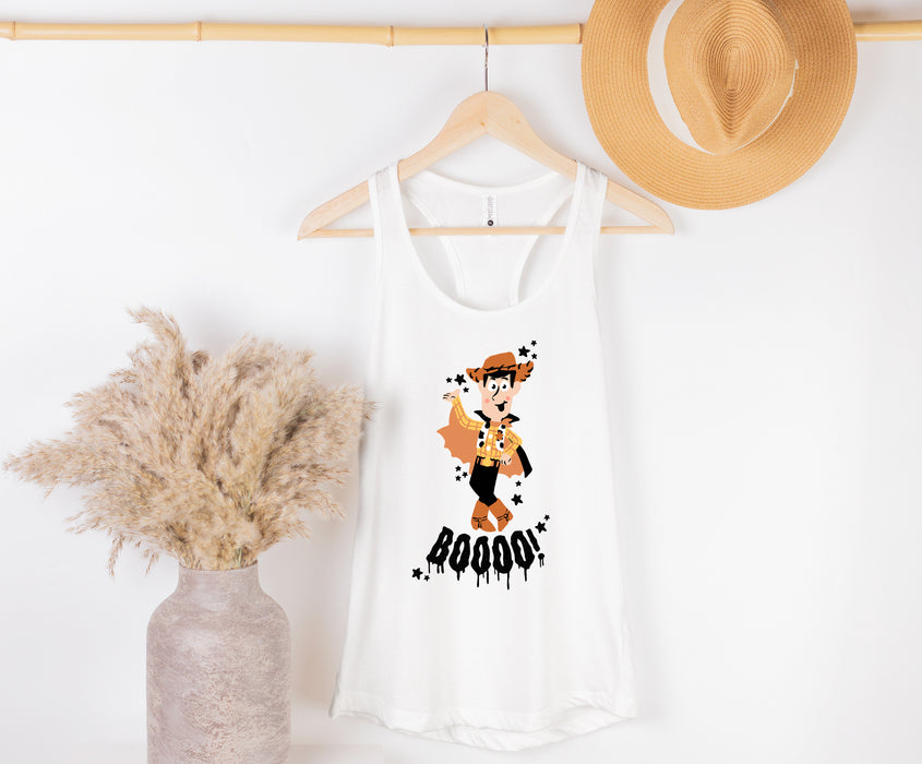 Festive tank tops featuring Woody in a Halloween design, ideal for Toy Story enthusiasts.