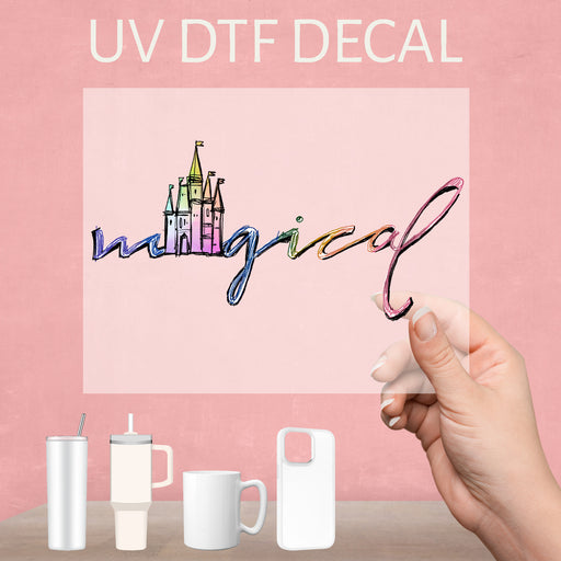 Magical Disney UV DTF decal with enchanting designs, perfect for adding a whimsical touch.