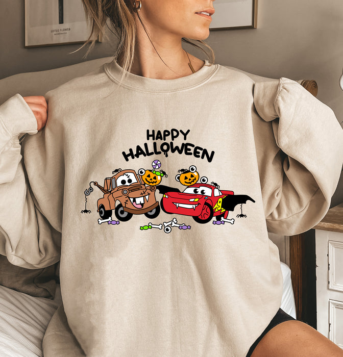 Playful Halloween shirt featuring McQueen and Mater from Disney Cars.