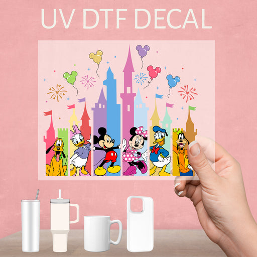 Colorful UV DTF decal featuring Mickey and his friends, perfect for adding Disney magic to any item.