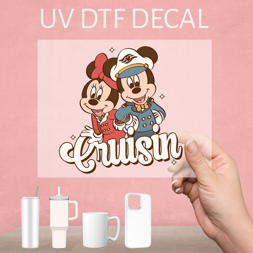 Adorable UV DTF decal featuring Mickey and Minnie cruising, perfect for personalization.