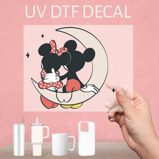 Mickey and Minnie Disney UV DTF decal, a timeless design showcasing the iconic couple's love.