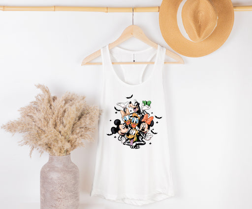 Fun tank tops featuring Mickey and friends in Halloween costumes, perfect for festive Disney style.