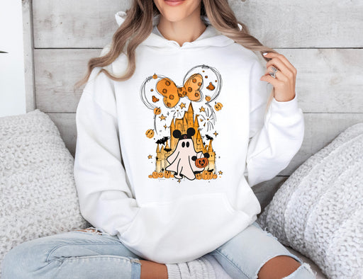 Celebrate Halloween with our Mickey Ghost hoodie featuring a Disney castle.