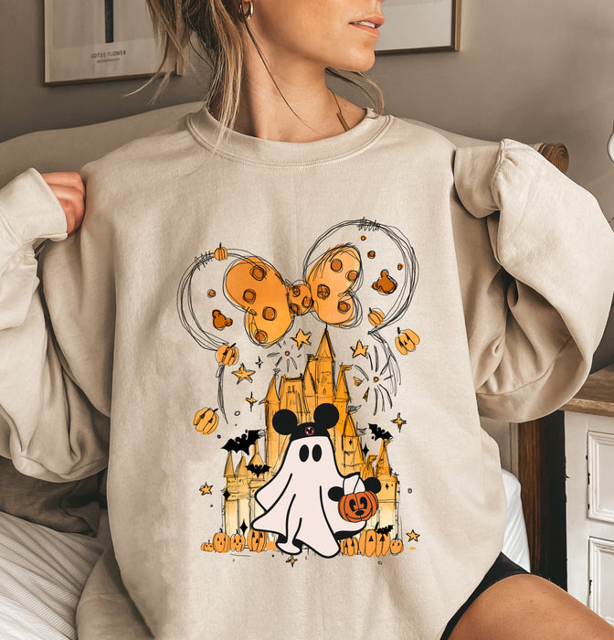 Cozy sweatshirt featuring Mickey as a ghost near the Disney castle.