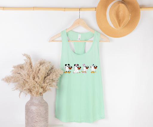 Vibrant tank tops featuring Mickey, Minnie, Daisy, and Donald in Halloween costumes.