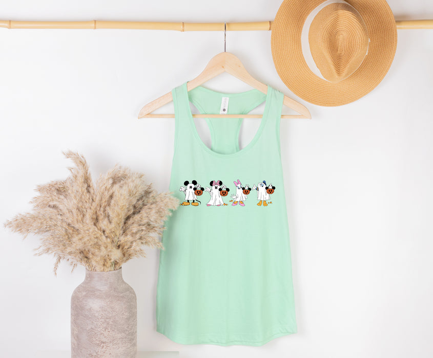 Vibrant tank tops featuring Mickey, Minnie, Daisy, and Donald in Halloween costumes.