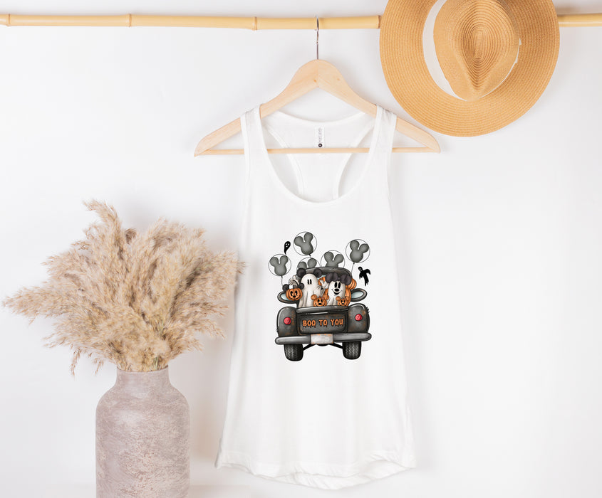 Adorable tank tops with Mickey and Minnie in Halloween outfits, perfect for spooky season fans.