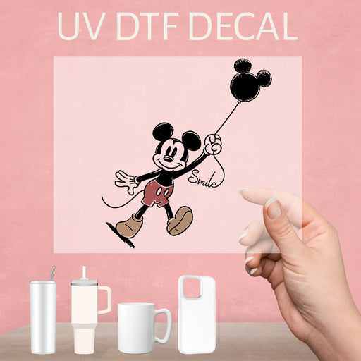 Mickey Mouse Holding Balloon UV DTF decal, a delightful design capturing the spirit of Disney magic.