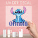 Charming Ohana Stitch UV DTF decal, perfect for adding a fun, tropical touch to any item.