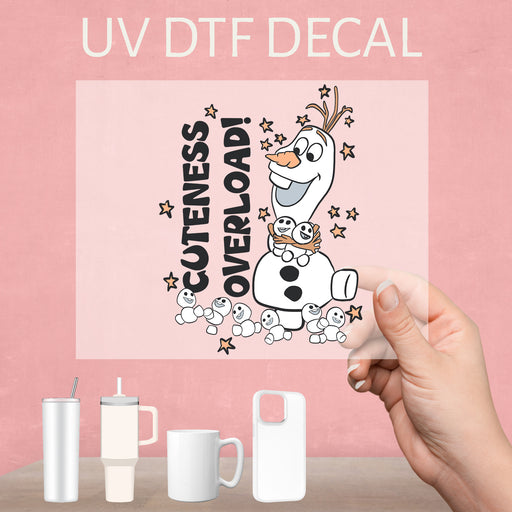 Olaf Cuteness Overload UV DTF decal, an adorable design for snowman’s charming personality.