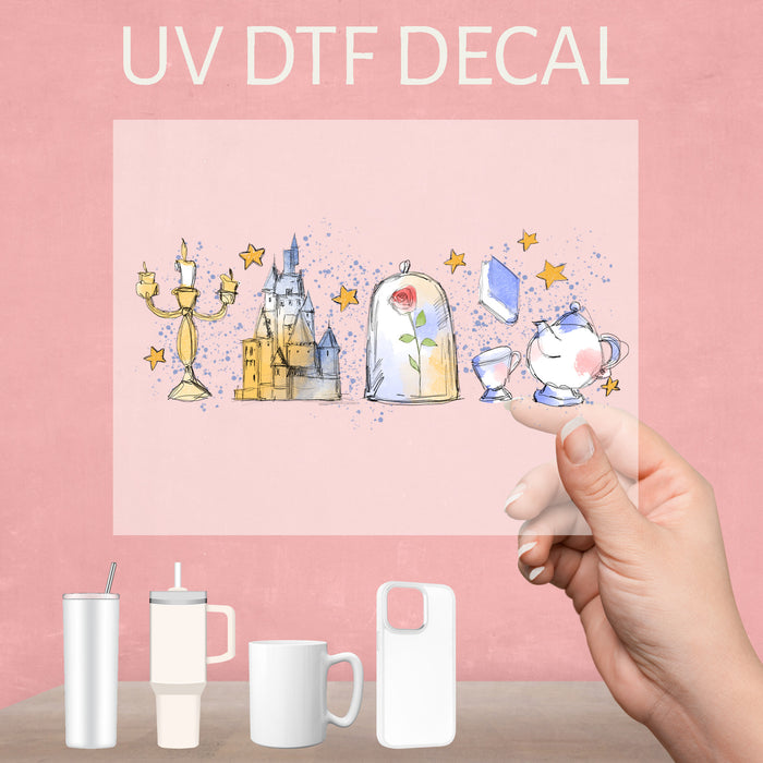 Enchanting UV DTF decal featuring Beauty and the Beast, perfect for adding a fairy tale touch.