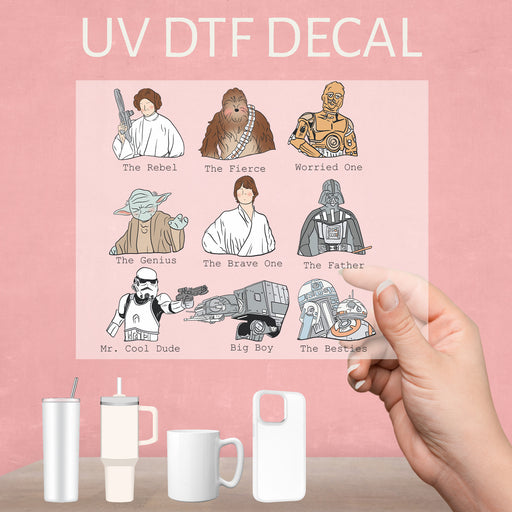 Iconic UV DTF decal featuring Star Wars designs, perfect for fans of the legendary space saga.