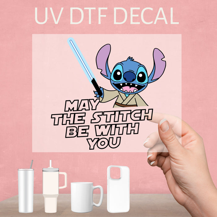 The stitch and starwars uv dtf decal prepared for you stands out as a fun and sweet decoration.