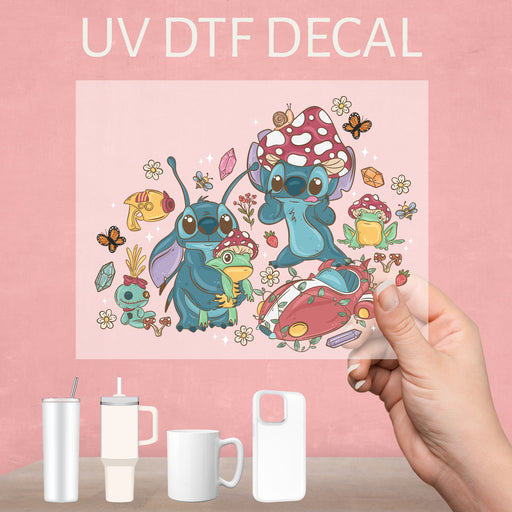 Whimsical UV DTF decal featuring Stitch in a charming cottagecore style, perfect for unique decor.