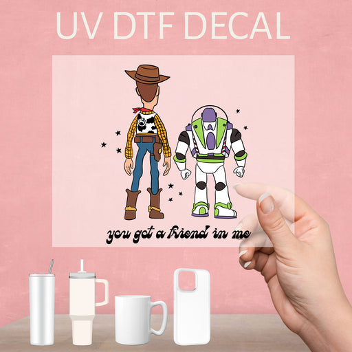 Toy Story Buzz and Woody UV DTF decal showcasing the iconic duo in a fun and adventurous design.