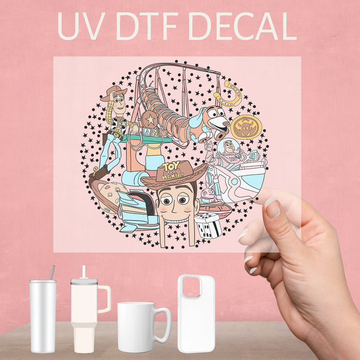 Exciting UV DTF decal featuring Toy Story rides, perfect for fans of Buzz, Woody, and the gang.