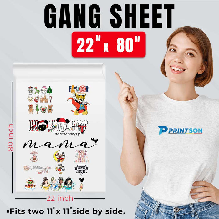 Create expansive UV DTF gang sheets in 22x80 size, perfect for large-scale, custom designs.