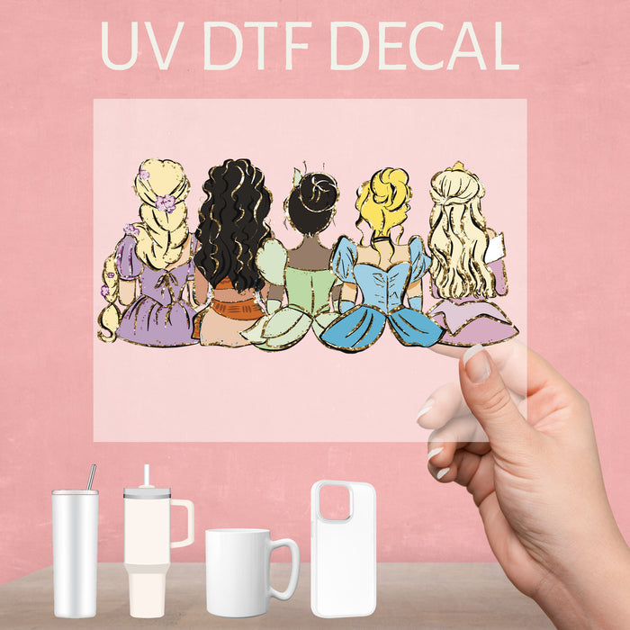 Gorgeous UV DTF decal showcasing beautiful Disney princesses, perfect for adding a magical touch.