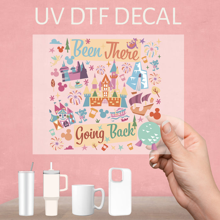 Fun UV DTF decal expressing love for Disney trips, perfect for repeat park visitors.