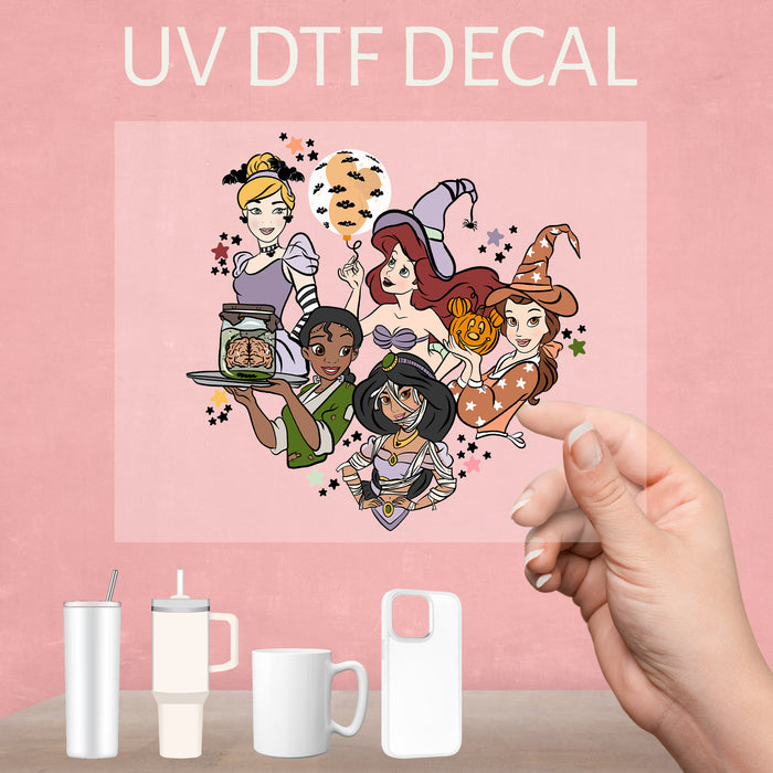 Enchanting UV DTF decal featuring Disney princesses in Halloween costumes, perfect for spooky celebrations.