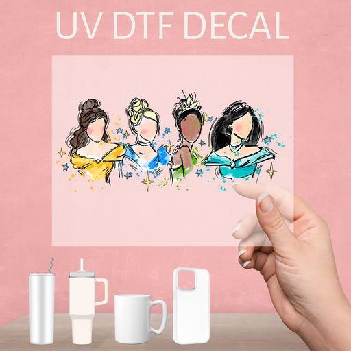 Enchanting UV DTF decal featuring beloved Disney princesses, ideal for adding a magical touch.