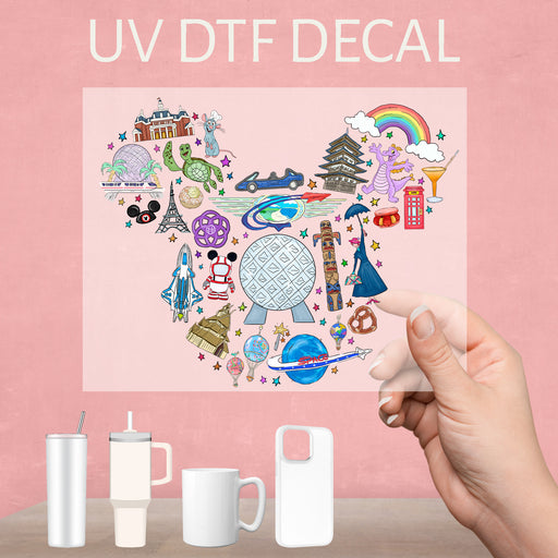 Vibrant UV DTF decal featuring Mickey Mouse at Epcot, perfect for Disney lovers and collectors.