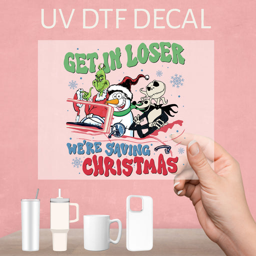 Whimsical UV DTF decal featuring the Grinch, perfect for adding humor to your Christmas decor.